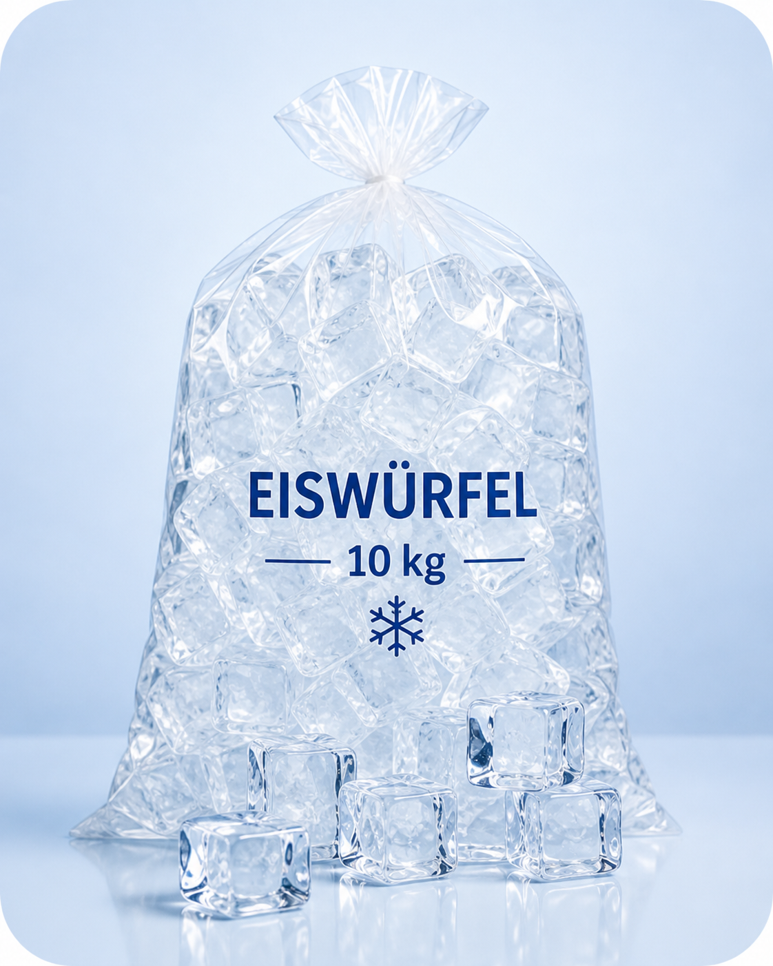 Clear plastic bag filled with transparent ice cubes, with some cubes stacked outside the bag.