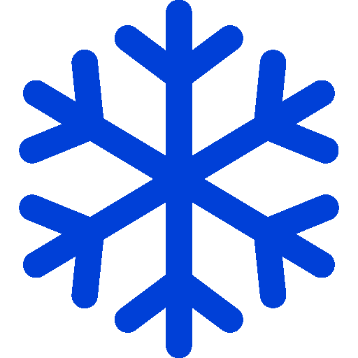 Blue symmetrical snowflake icon with sharp arms and circular patterns.